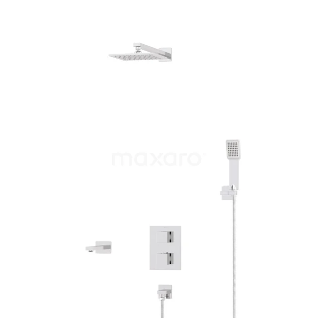 Cubic Built-in Bath Tap with Rain Shower | Chrome Thermostatic DIC23-00295 Modern chrome shower set with built-in thermostat, rain shower head and hand shower, ideal for a stylish bathroom.