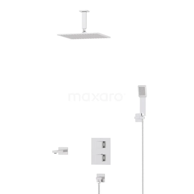 Kubische Einbau Badewannenarmatur mit Regendusche | Chrom Thermostatisch DIC23-00310 Viereckige chromatische Regenduschen mit Thermostatarmatur, Handbrause und Wandmontage, ideal für ein modernes Badezimmer.