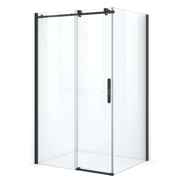 Glass shower enclosure with matte black profiles and sliding door, ideal for a modern bathroom style.
