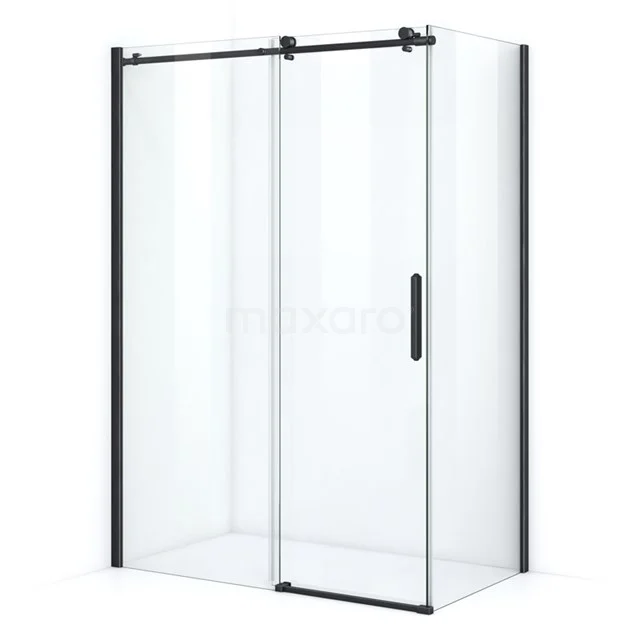 Glasene Duschwand mit schwarzem Aluminiumprofil, Schiebetür und minimalistischem Design, ideal für moderne Bäder.