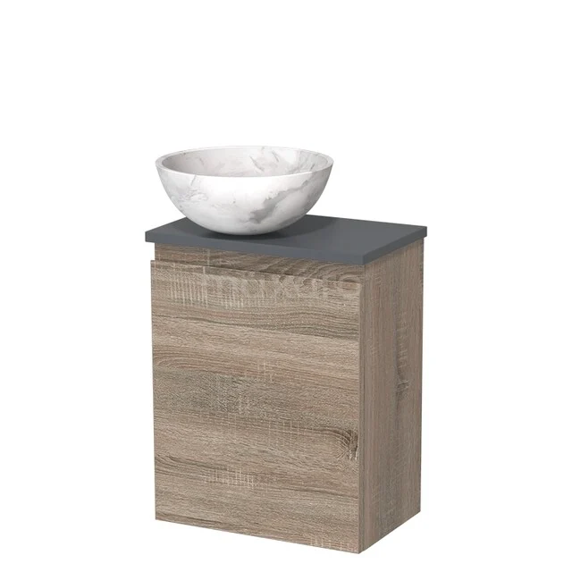 Toilet unit with countertop wash basin | 41 cm Oak Handleless front White marble Natural stone worktop Dark grey Fronts TMK10-14243