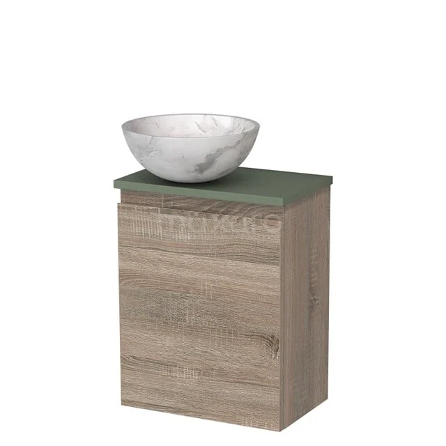 Toiletmeubel met waskom | 41 cm Eiken Greeploos front Wit marmer Natuursteen waskom Saliegroen blad TMK10-14256