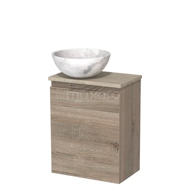 Toiletmeubel met waskom | 41 cm Eiken Greeploos front Wit marmer Natuursteen waskom Lichtgrijs eiken blad TMK10-14308