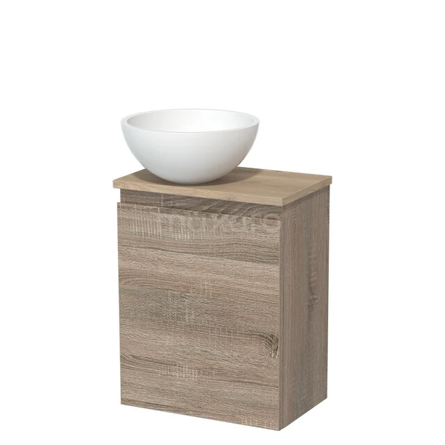 Toilet unit with wash basin | 41 cm Oak Handleless front Matte white Solid surface wash basin Light brown oak worktop TMK10-14311
