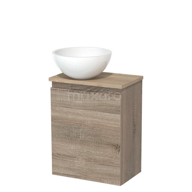 Toilet unit with wash basin | 41 cm Oak Handleless front High-gloss white Mineral marble countertop wash basin Light brown oak worktop TMK10-14978