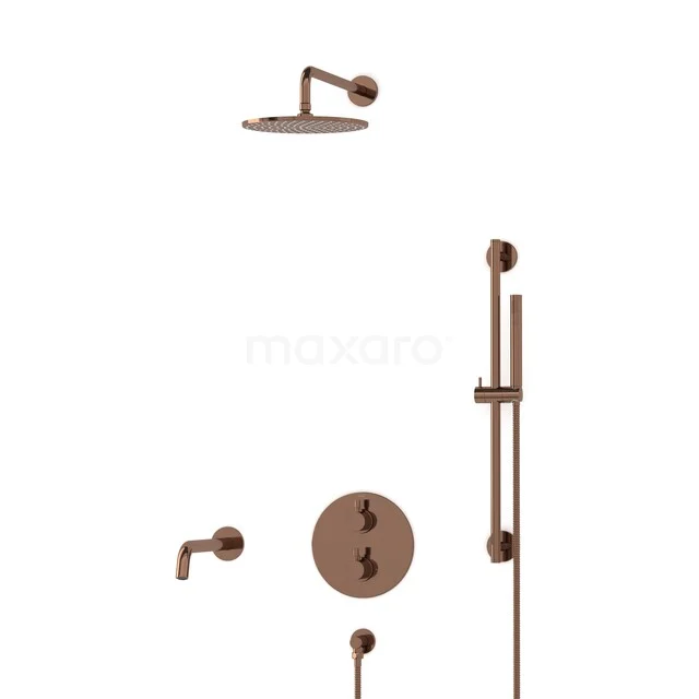 Bronze shower set with rain shower, hand shower and round knobs, ideal for a modern bathroom style.
