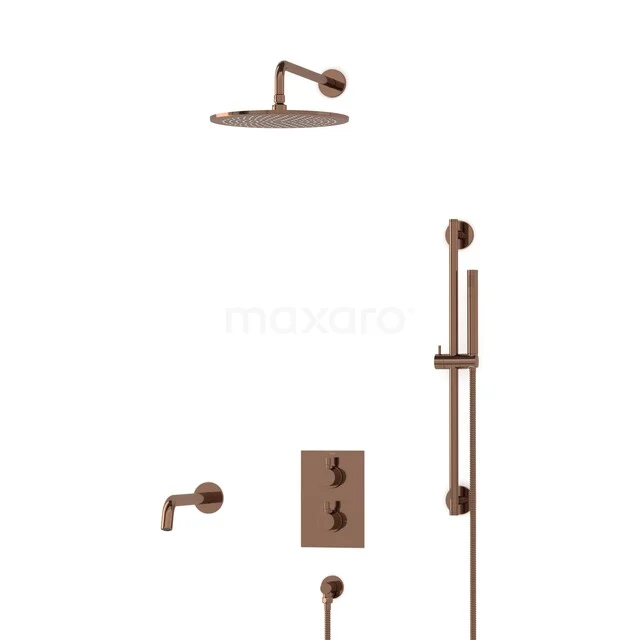 Copper shower set with rain shower, hand shower and thermostatic valve, ideal as a luxury addition to the modern bathroom.