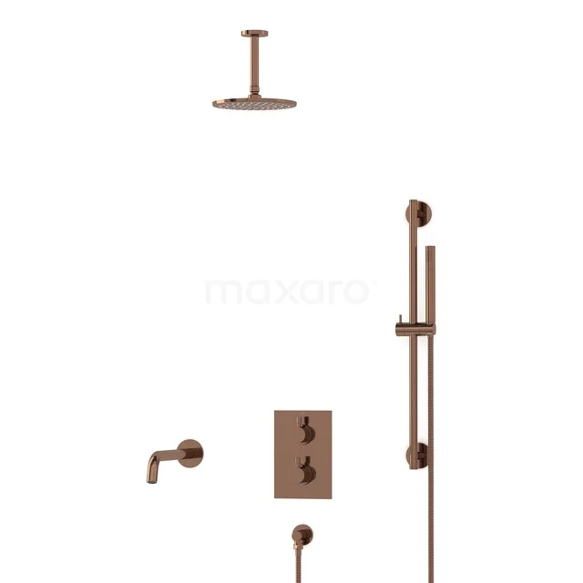Radius Built-in Bath Tap with Rain Shower | Shiny Copper Thermostatic DIGKP55-00031 Copper rain shower set with wall mixer, handy hand shower and modern finish, perfect for a luxury bathroom style.