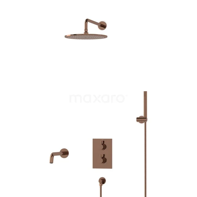 Shower set in round copper design with rain shower, hand shower and built-in thermostat, ideal for a modern bathroom.