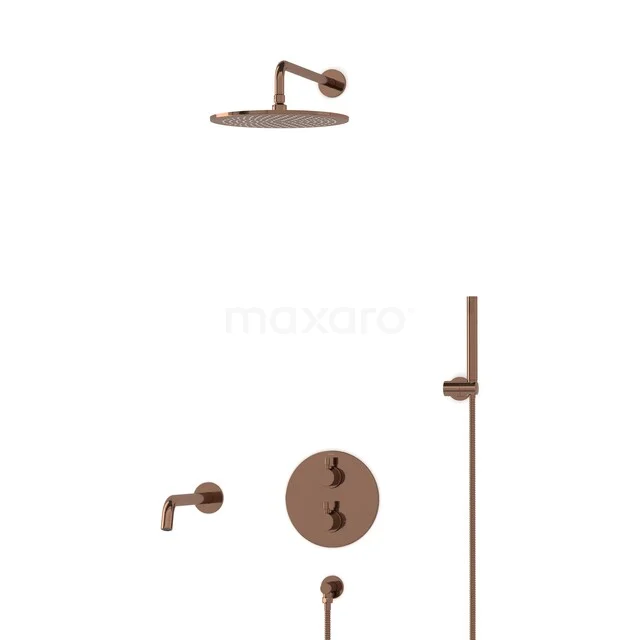Radius Built-in Bath Tap with Rain Shower | Shiny Copper Thermostatic DIGKP55-00042 Bronze rain shower set with round shower head, thermostatic tap and hand shower, ideal for a modern bathroom.