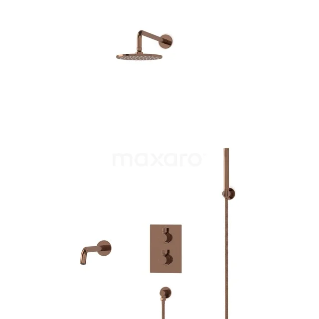 Radius Built-in Bath Tap with Rain Shower | Shiny Copper Thermostatic DIGKP55-00049 Copper shower tap set with rain shower and hand shower, modern design, ideal for a stylish bathroom.
