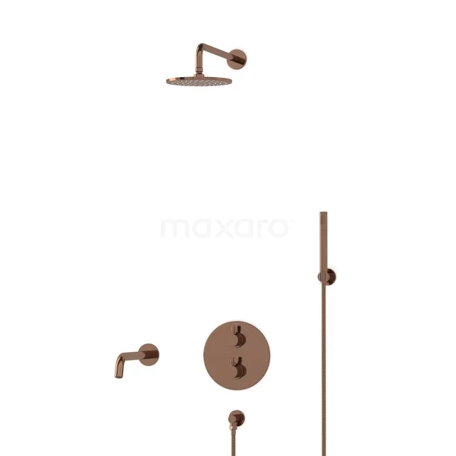 Brown rain shower set with wall arm, hand shower and thermostat tap, ideal for a stylish bathroom.