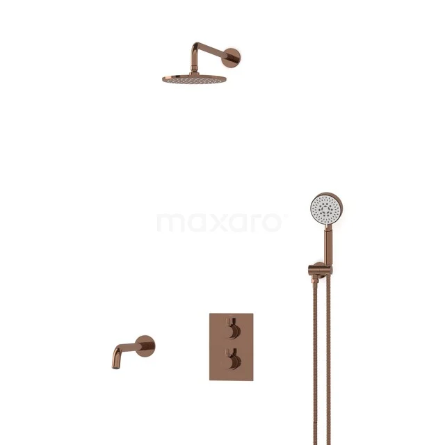 Copper rain shower set with hand shower and mixer tap, modern design and suitable for luxury bathroom fittings.