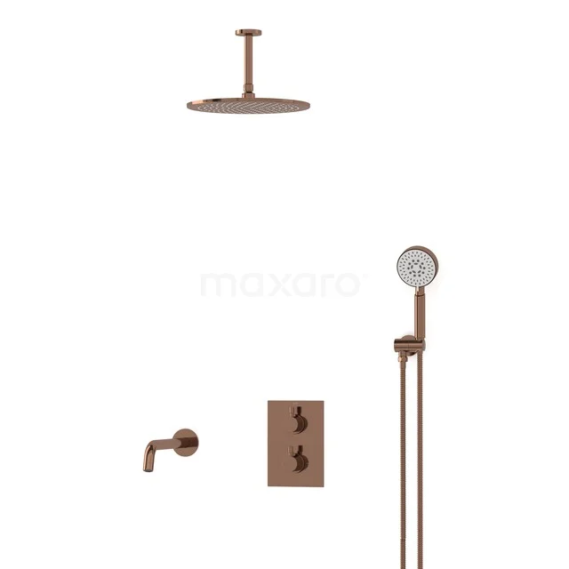 Radius Built-in Bath Tap with Rain Shower | Shiny Copper Thermostatic DIGKP55-00071 Copper rain shower set with round shower head, hand shower, built-in element and tap, perfect addition for a modern bathroom.