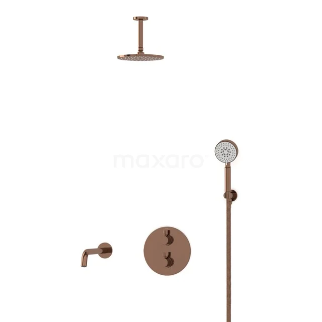 Radius Built-in Bath Tap with Rain Shower | Shiny Copper Thermostatic DIGKP55-00080 Copper rain shower set with hand shower, round shapes and built-in tap, perfect for a stylish modern bathroom.