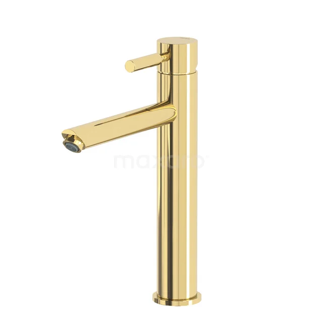 Gold washbasin tap with a modern, cylindrical shape and a single lever control, perfect for a stylish bathroom.