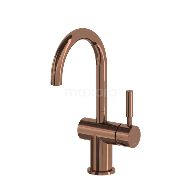 Copper basin tap with a curved spout and a modern, minimalist design for the bathroom.