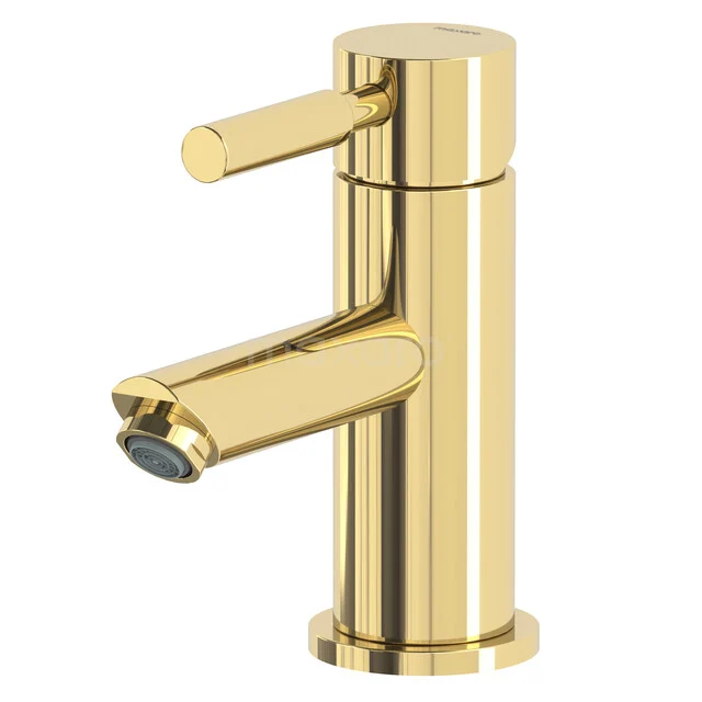 Goldfarbene Waschbeckenarmatur mit modernem, zylindrischem Design und Hebelbedienung, perfekt für ein stilvolles Badezimmer.