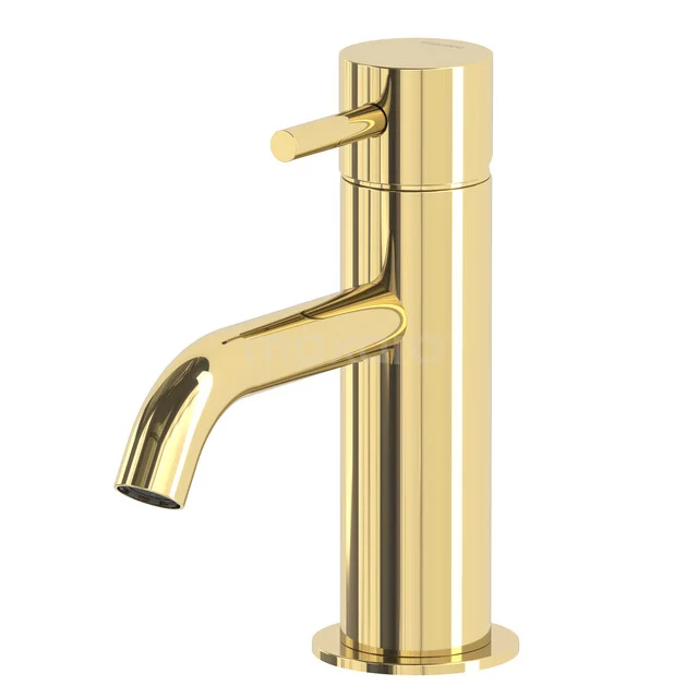 Gold-coloured basin tap with a cylindrical design and a single lever, perfect for a modern bathroom style.