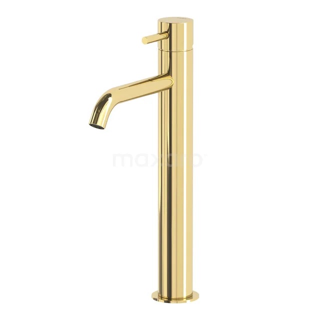 Radius High Basin Mixer Tap | Shiny Light Gold | Single Lever Mixer 55.003.581GLG Golden high basin tap made of stainless steel with a modern, cylindrical appearance for the bathroom.