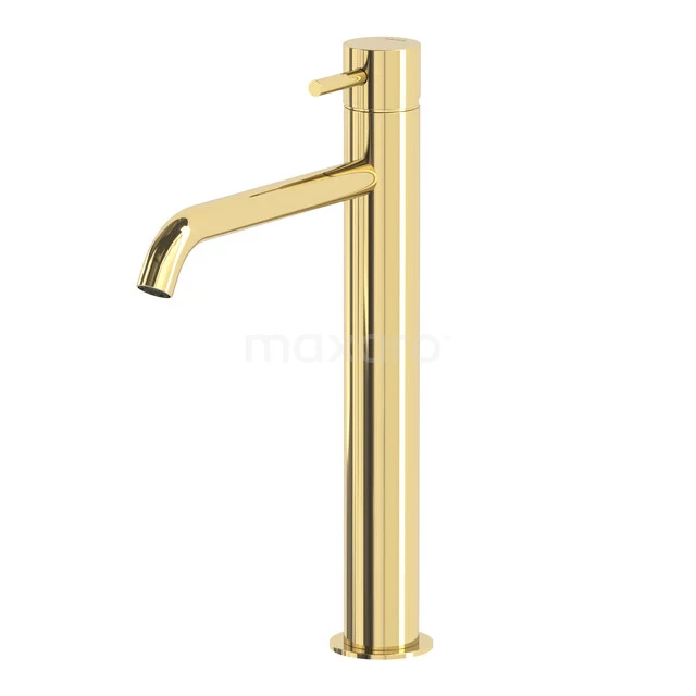 Radius High Basin Mixer Tap Mounted | Shiny Light Gold | Single Lever Mixer | Extended Spout 55.003.591GLG Gold-coloured high basin tap with a sleek, cylindrical design, ideal for a modern bathroom interior.