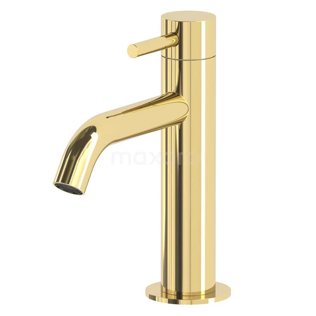 Gold-coloured basin tap with a modern, cylindrical design and a single lever handle, perfect for a stylish bathroom.