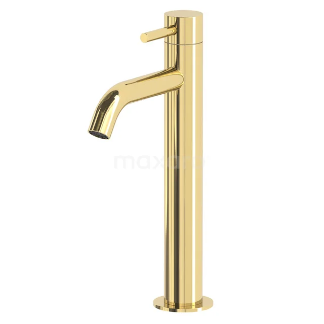 Golden high basin tap with a round shape and a single lever, perfect for a modern bathroom style.