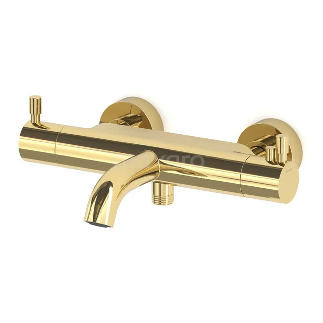 Golden bathroom tap with round shapes and a shiny finish, designed for stylish and modern bathrooms.