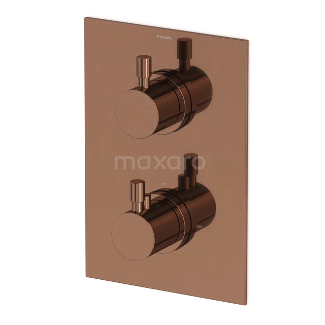 Built-in Shower Valve Radius, Thermostatic, Shiny Copper 55.152.502GKPS Copper built-in thermostatic shower valve with minimalist design and two knobs, ideal for modern bathrooms.