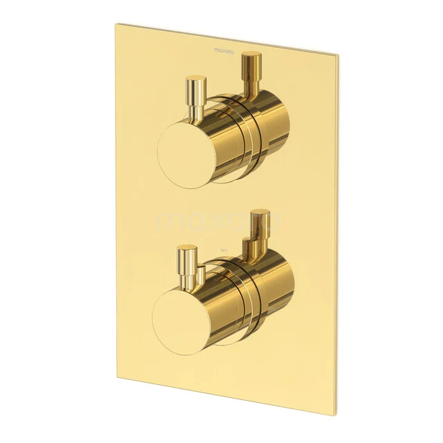 Built-in Shower Valve Radius, Thermostatic, Shiny Light Gold 55.152.502GLGS Golden built-in thermostat with two knobs, modern design and glossy finish for a luxurious bathroom style.