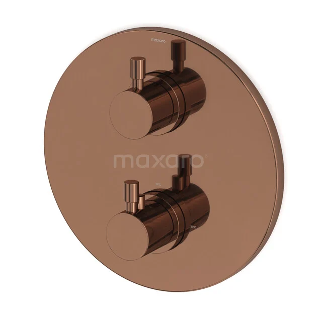 Round thermostat valve Rose Gold with double rotary knobs, ideal for a modern bathroom.