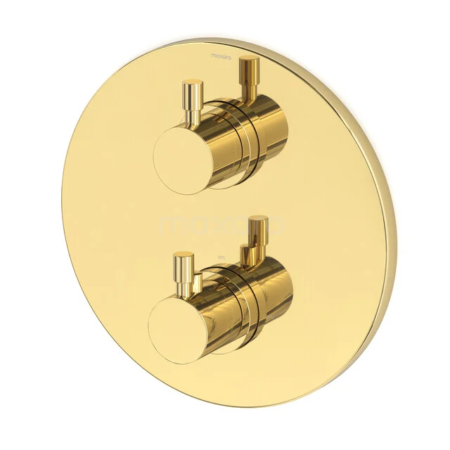 Gold-coloured built-in shower thermostat with round control knobs, luxurious design for modern bathrooms.