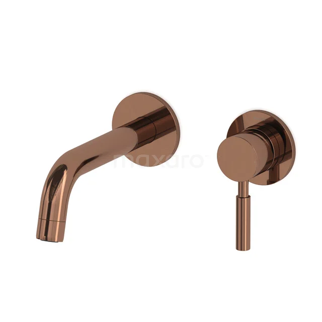 Copper wall-mounted mixer tap with modern round shapes, ideal for stylish bathroom decor.