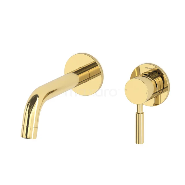 Golden wall-mounted mixer tap with round handle and spout, modern design and perfect choice for a luxury bathroom decor.