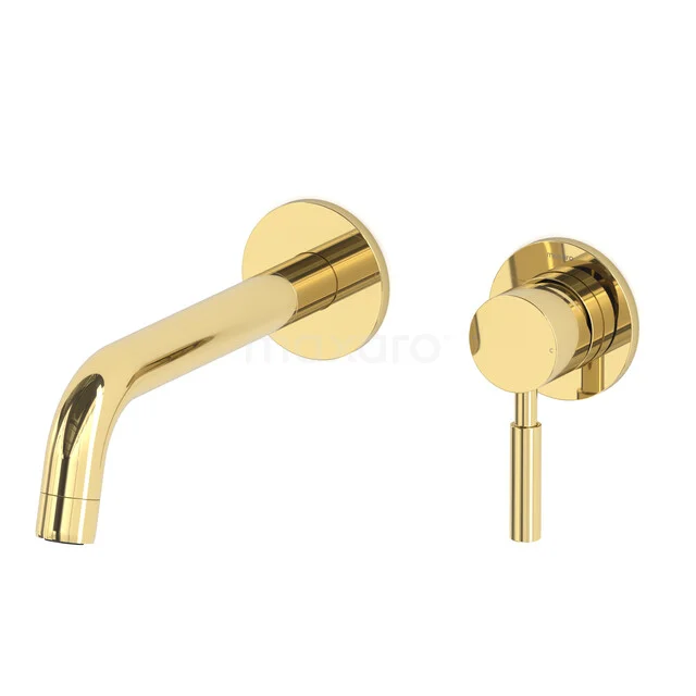 Gold built-in basin tap with round shapes, glossy finish and minimalist design for a luxury bathroom style.