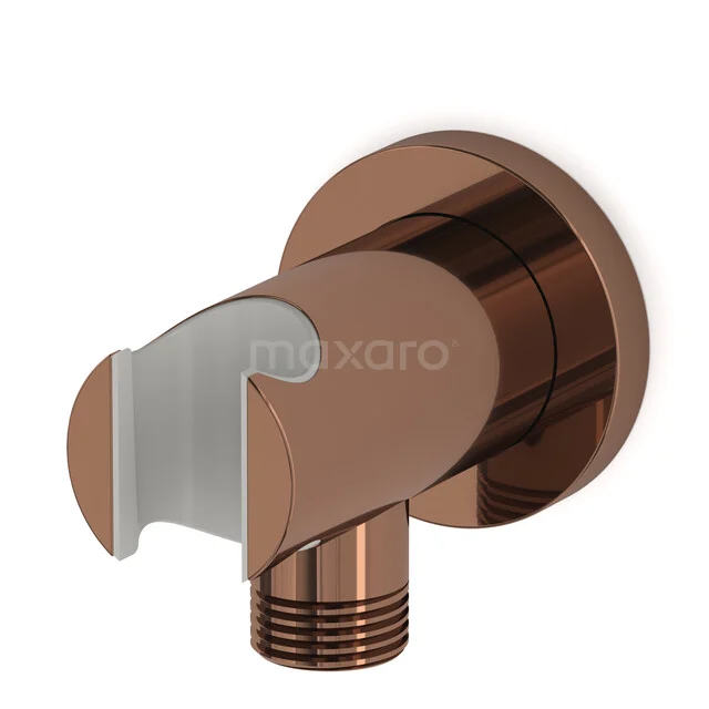 Rose gold wall holder for shower head, glossy with round shape, modern and elegant bathroom accessory.