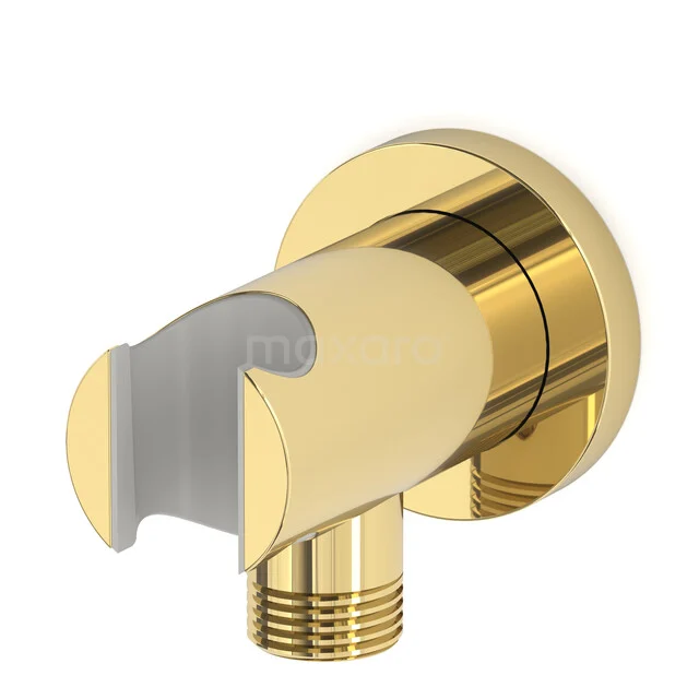 Messed gold shower hose holder with a round shape, ideal as a stylish bathroom accessory.