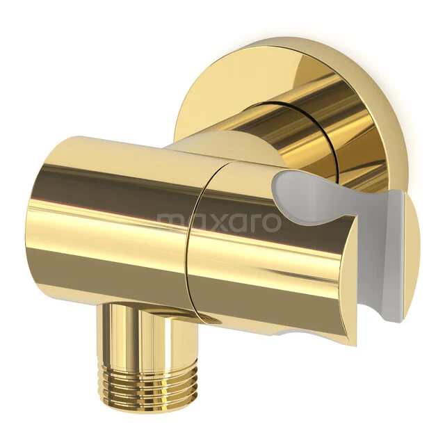 Gold-coloured shower connection with round shapes, modern design, perfect for a luxury bathroom.