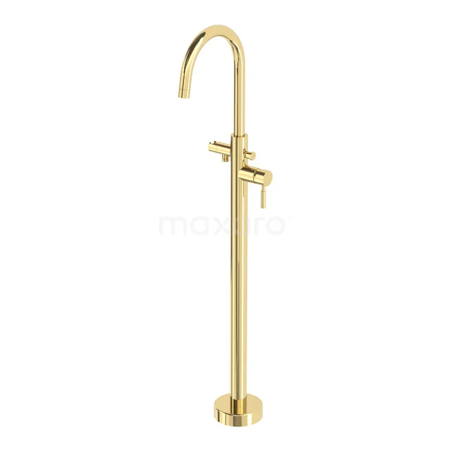 Gold freestanding bath tap with a round neck and slender handle, perfect for a luxury bathroom style.