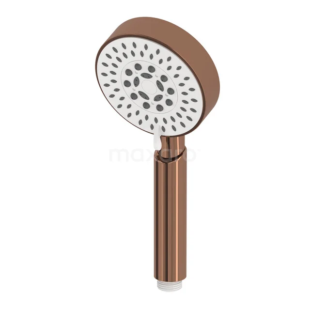 Copper hand shower with white spray surface, round design and multiple spray settings, ideal for a modern bathroom.