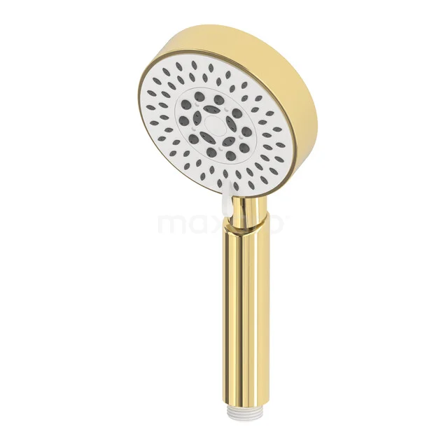 Golden hand shower with a round shape and white spray head, ideal as a luxury bathroom accessory.