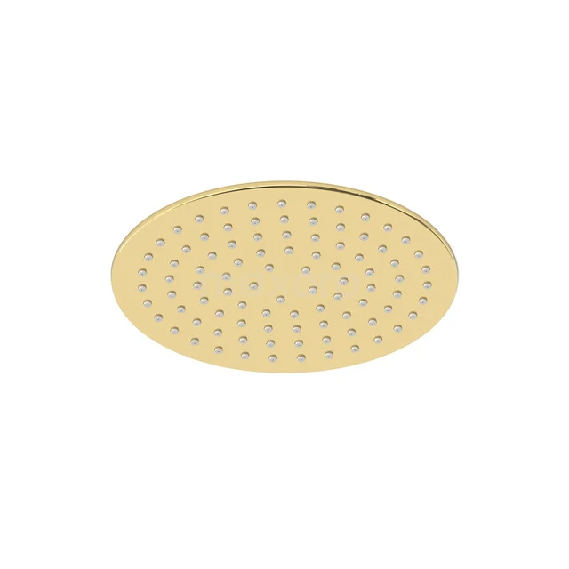 Runde goldfarbene Regenduschekopf mit einem klaren Design, ideal für ein luxuriöses und modernes Badezimmererlebnis.