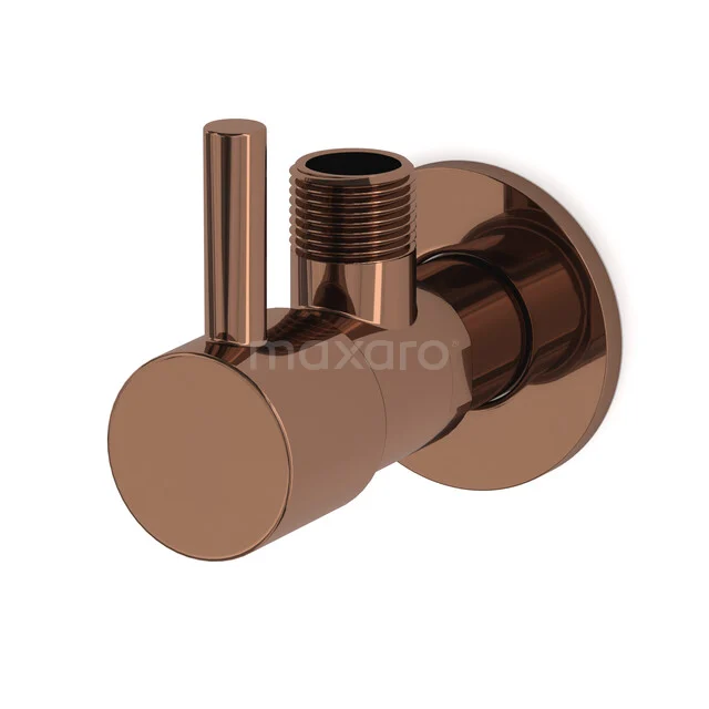 Copper corner stopcock with a round shape, minimalist design and glossy finish, ideal for modern bathrooms.
