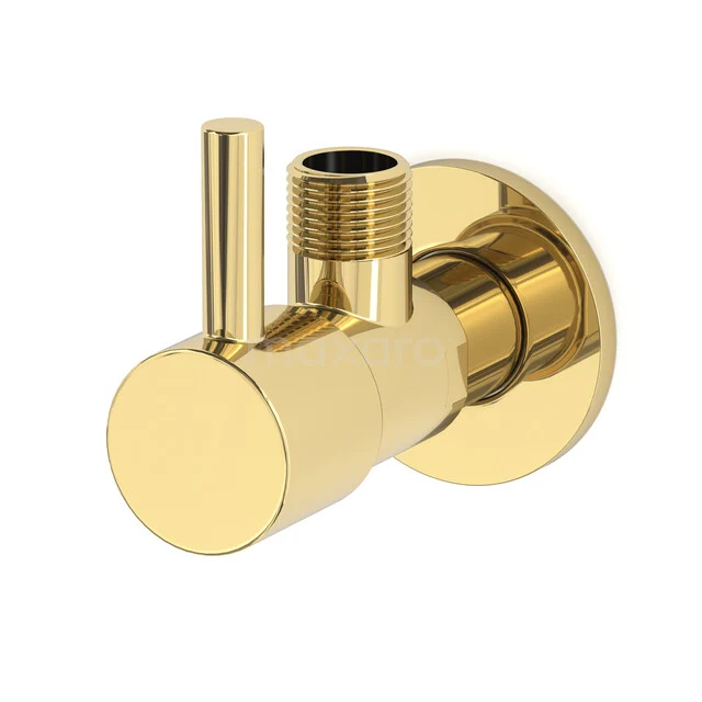Golden corner stopcock with a round shape and handle, suitable for stylish bathroom installations.