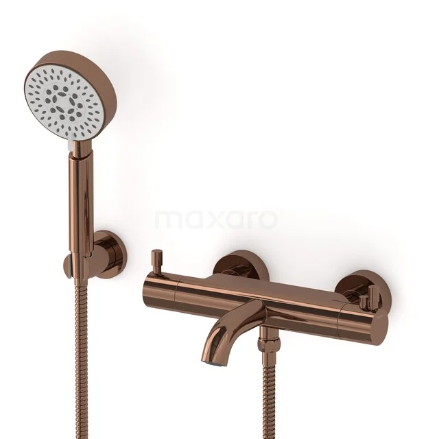 Radius construction bath tap set | Shiny Copper Thermostatic Tap with 5-function Hand Shower COGKP55-00004 Bronze shower tap with round hand shower and modern design, perfect for a stylish bathroom.