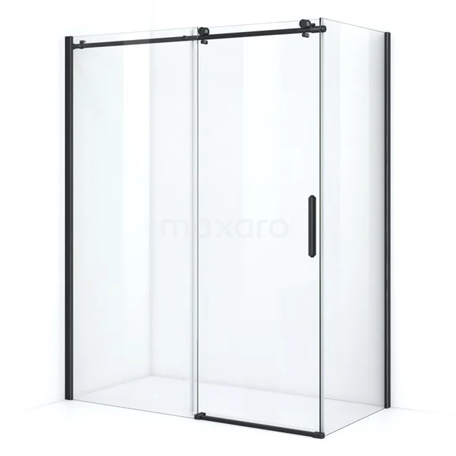 Glass shower screen with black accents, sliding door design, ideal for a modern bathroom.