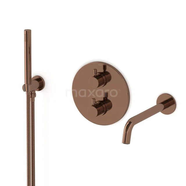 Radius Built-in bath tap set | Shiny Copper Thermostatic tap with hand shower 1 setting CIGKP55-00001 Copper built-in shower set with round tap and slide bar, ideal as a stylish addition for a modern bathroom.