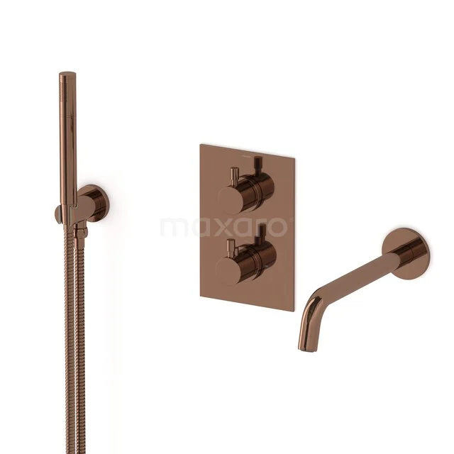 Radius Built-in bath tap set | Shiny Copper Thermostatic tap with hand shower 1 setting CIGKP55-00002 Copper-coloured built-in shower set with wall tap, thermostat, and hand shower, ideal for a modern bathroom style.