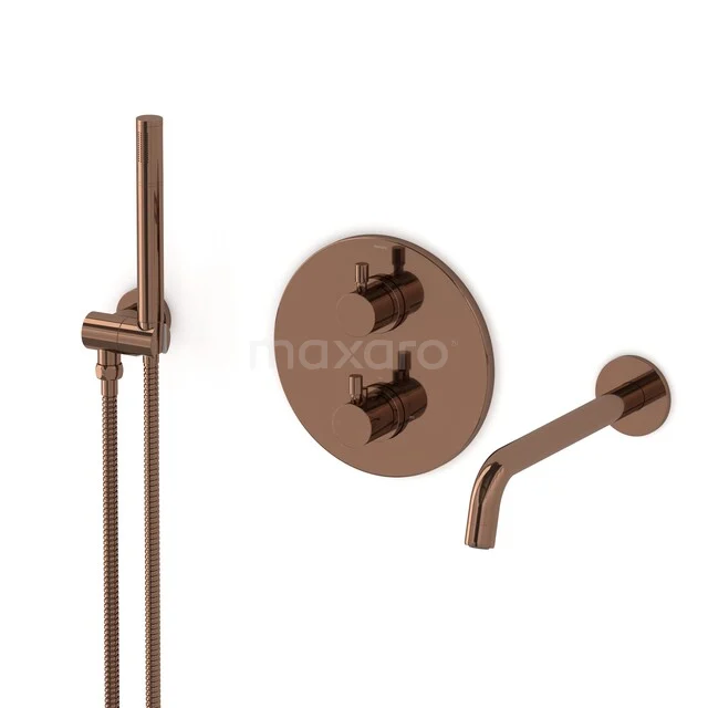 Radius Built-in bath tap set | Shiny Copper Thermostatic tap with hand shower 1 setting CIGKP55-00004 Rose gold built-in shower set with round mixer tap, hand shower and waterfall spout, modern design for the bathroom.