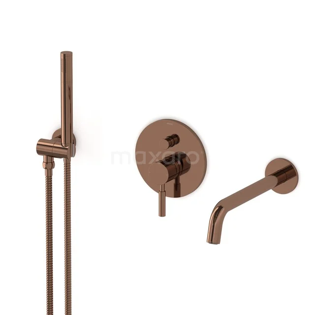 Copper built-in shower set with round handle, hand shower and wall tap, ideal for a modern bathroom.